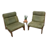 Green leather and oak wood armchair