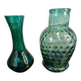 Textured glass vase and carafe duo in blown green glass, Biot style, 1960s.
