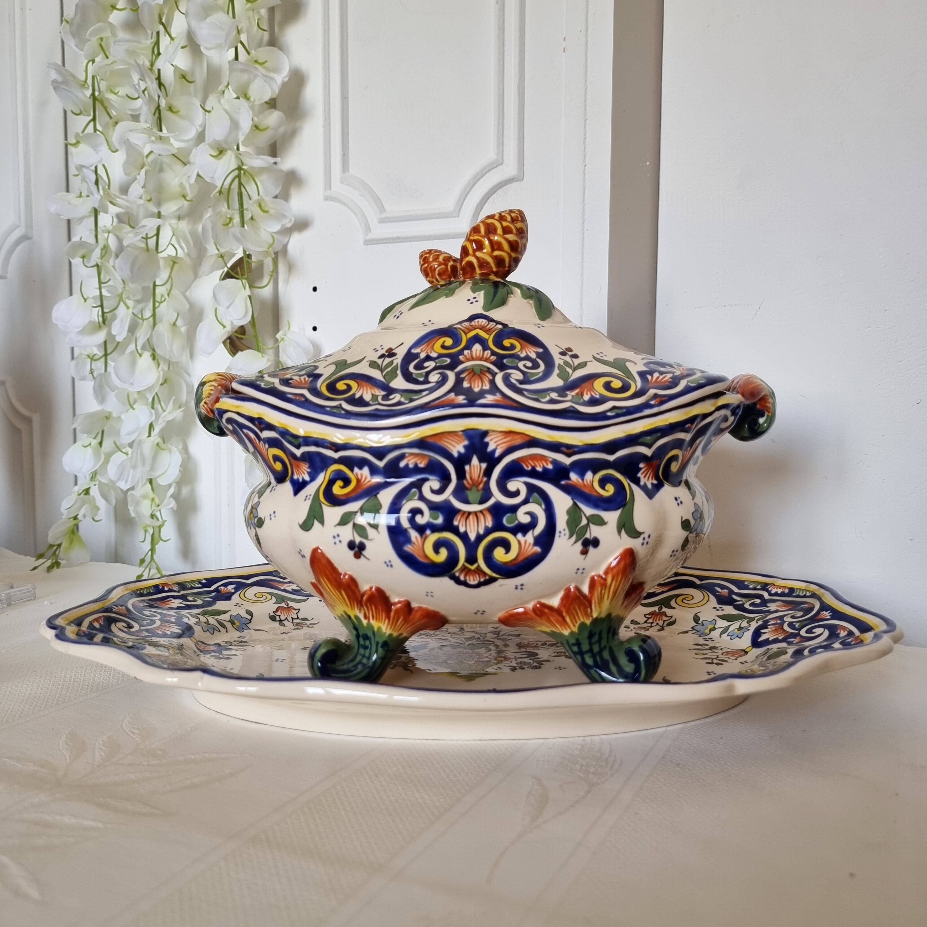 Vintage Rouen porcelain soup tureen with underplate, hand-painted