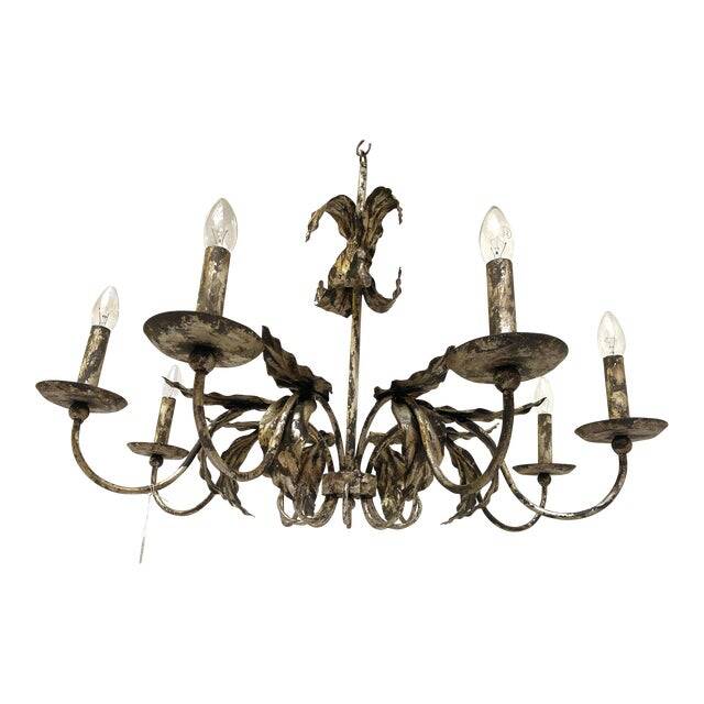 Contemporary brunish-silver florentine wrought iron chandelier