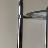Pedestal table, vintage chrome steel saddle with 2 round windows