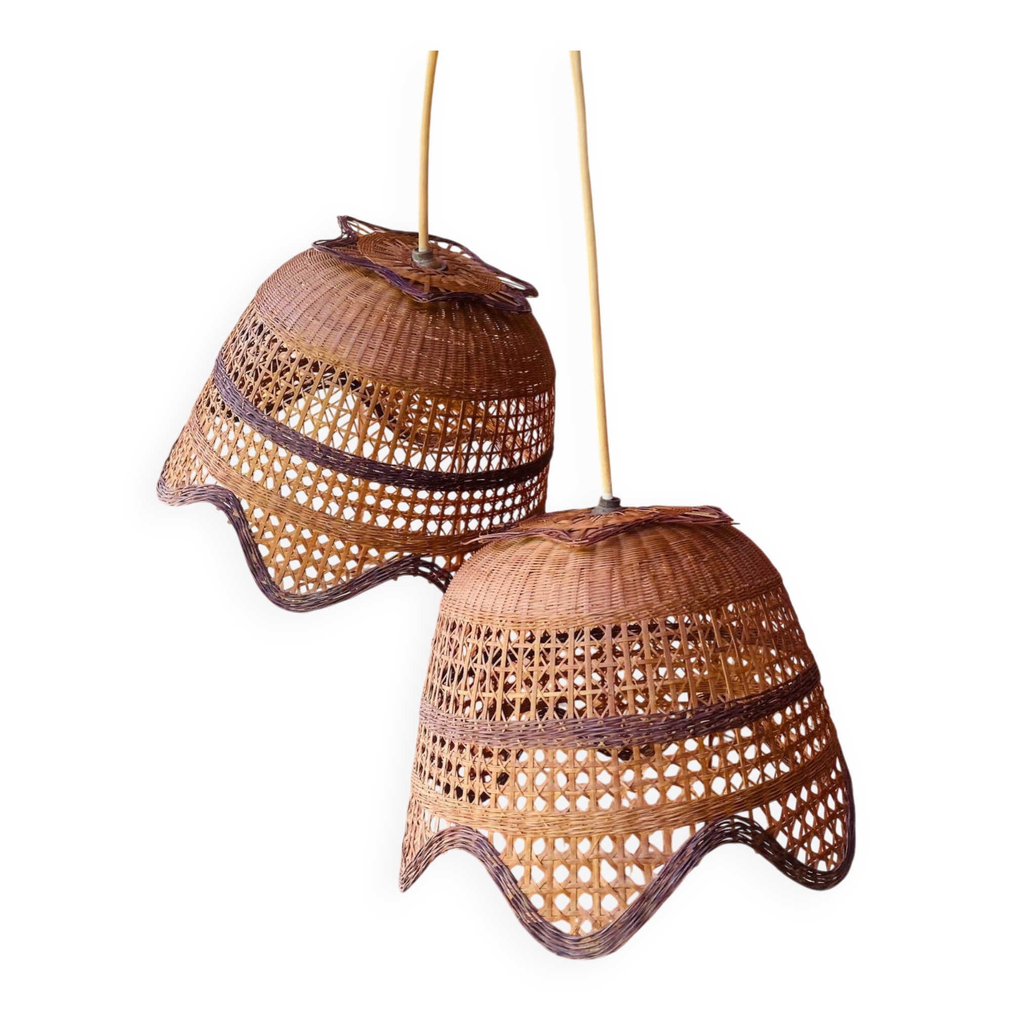 Vintage rattan suspension duo.