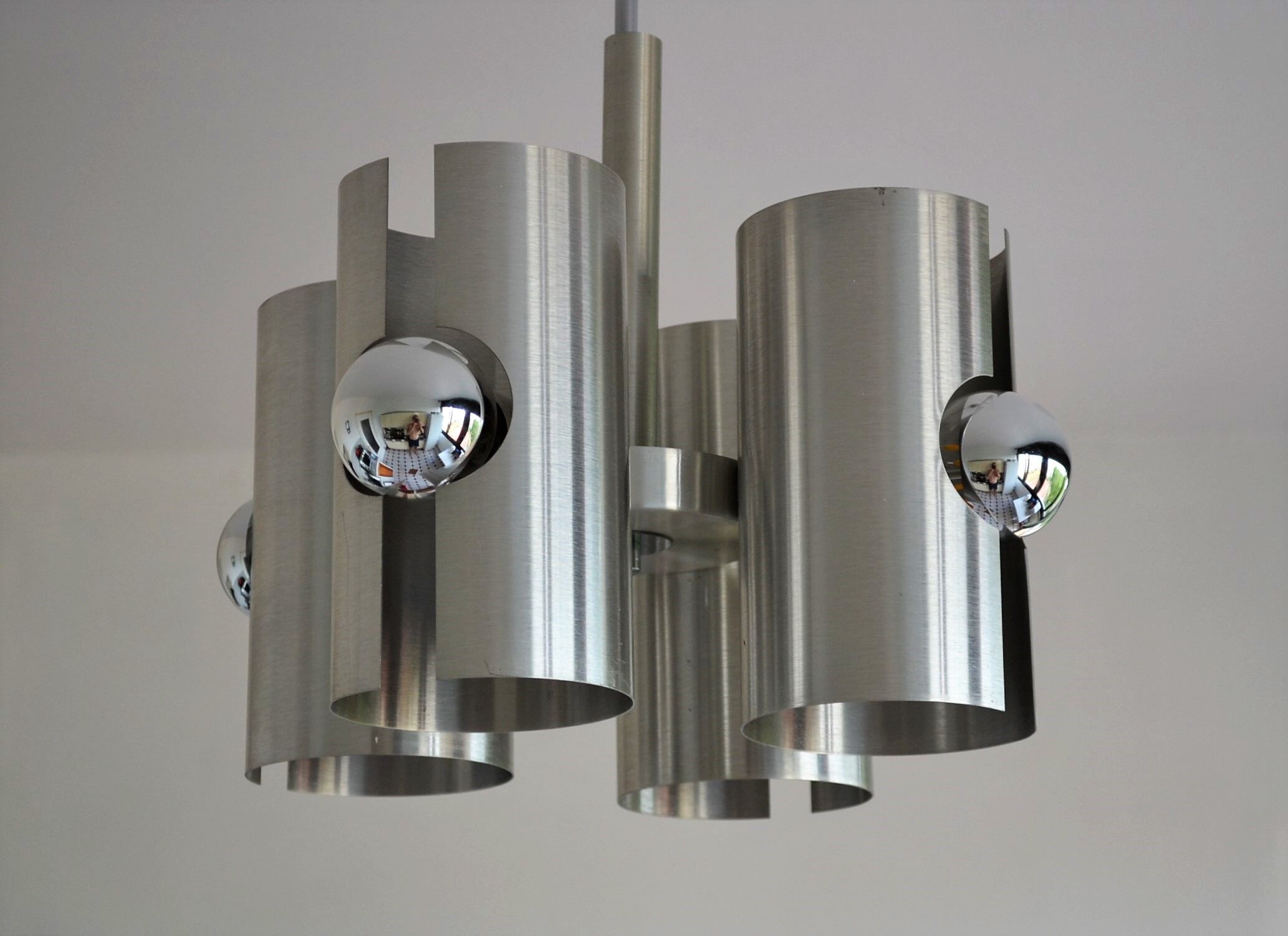 Hanging lamp 4 brushed metal lights space age 70s