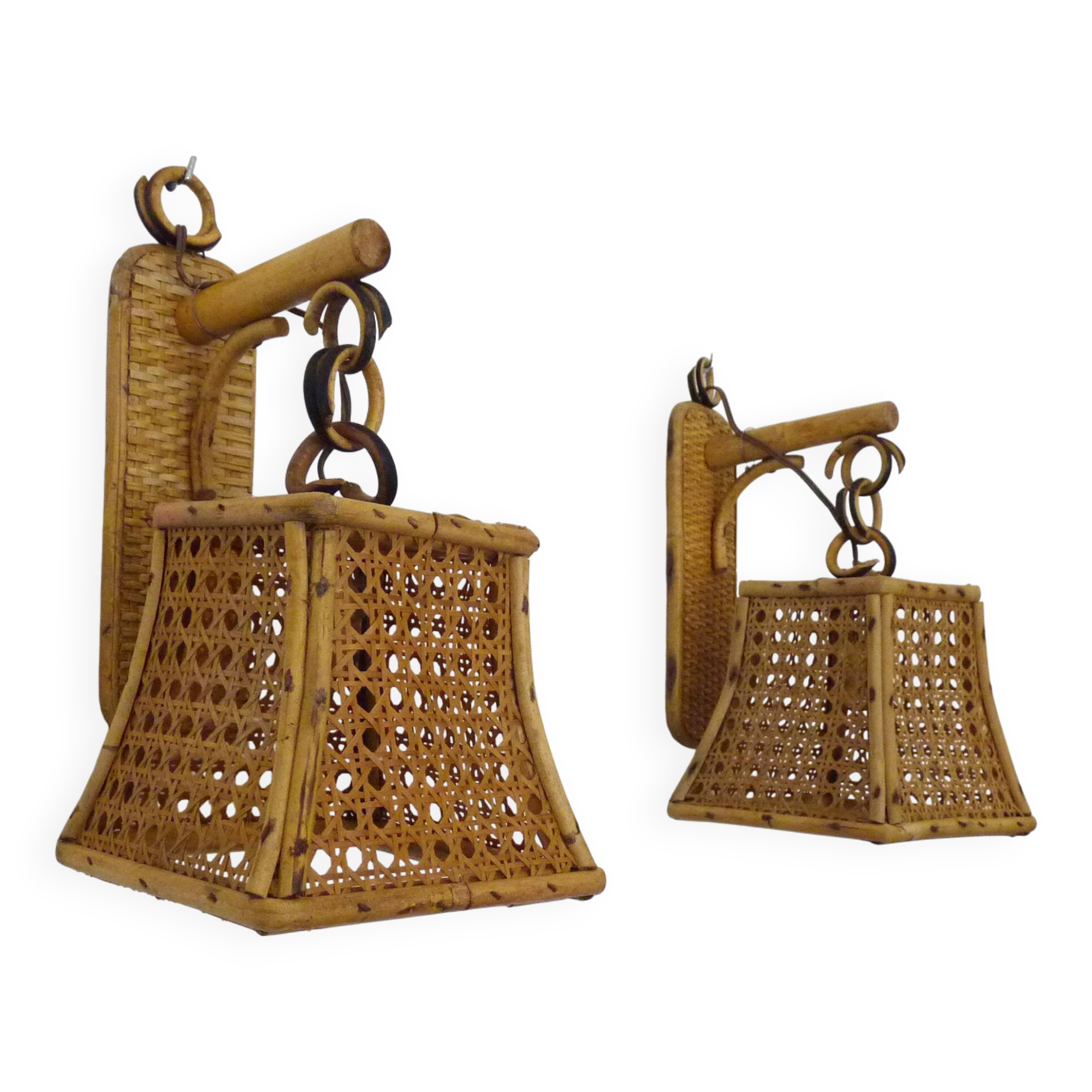 Pair of rattan and cane lantern wall lights. 1950s-1960s