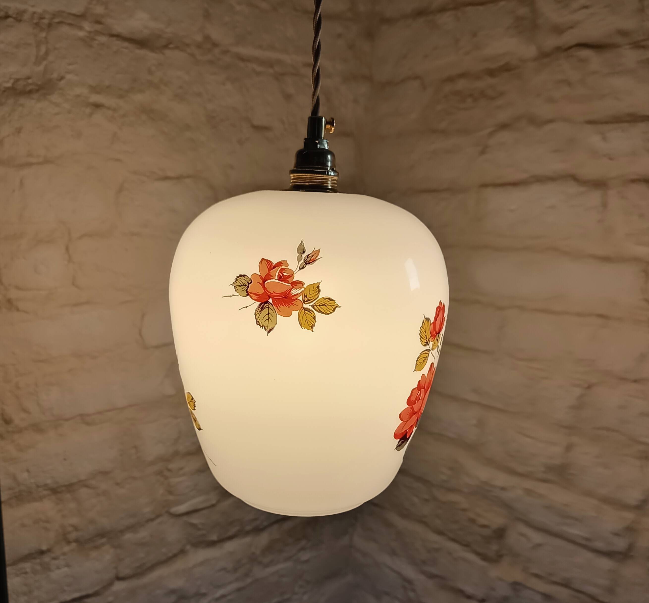 Vintage opaline glass pendant light, pink and white floral pattern, 1960s