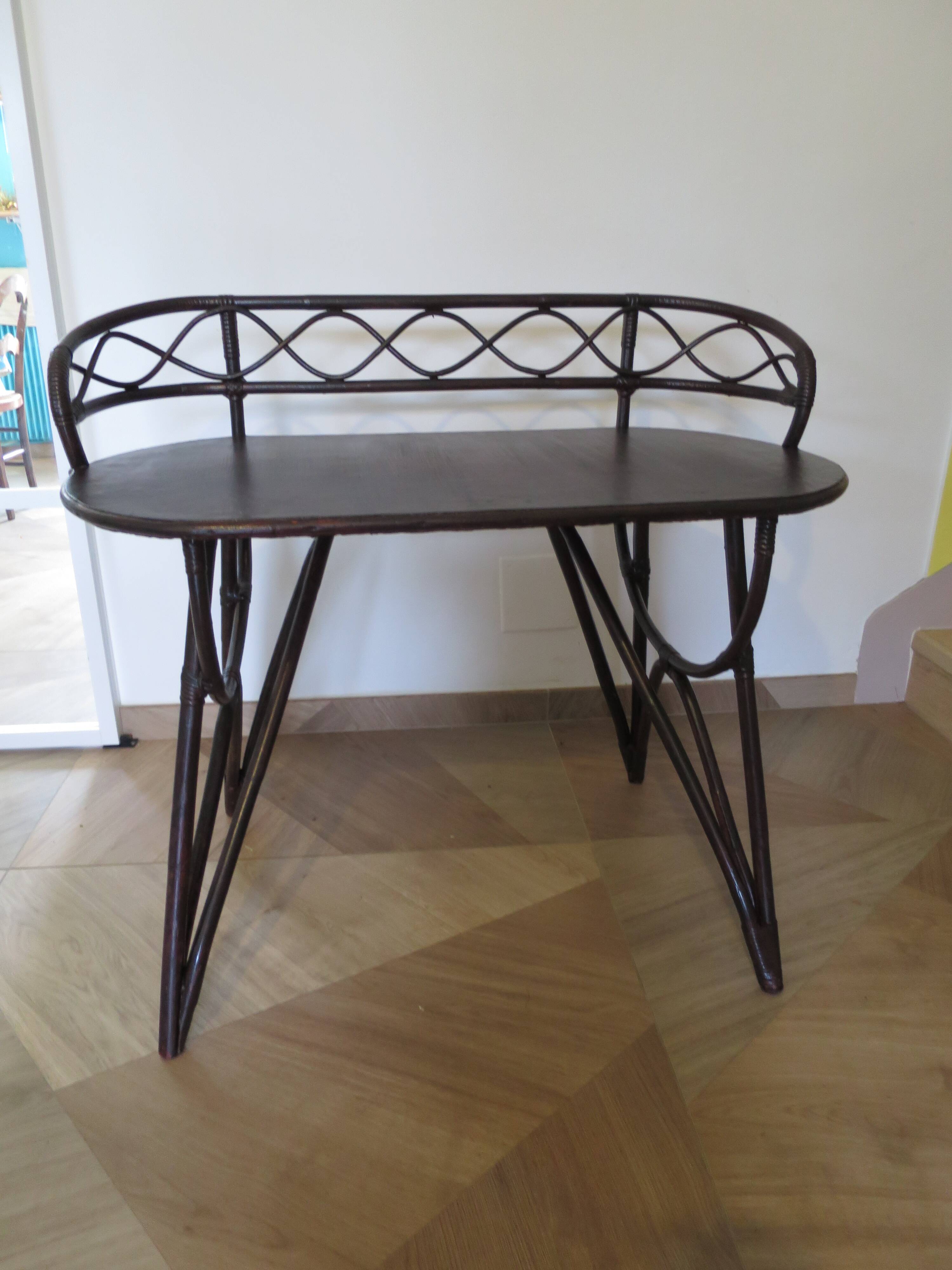 Vintage children's desk console bamboo rattan curved wood Thonet style 80s dark mahogany