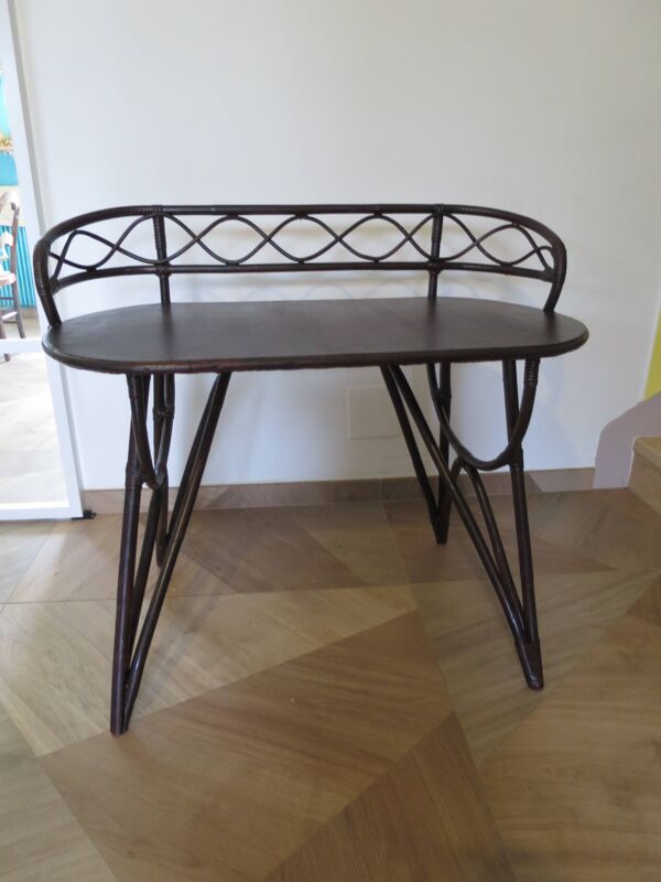 Vintage bureau d'enfant console bambou rotin bois courbé style Thonet années 80 acajou fonçé
