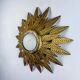 Flower sunburst ceiling light fixture, gold leaf gilt iron & milk glass, Spain, 1950s