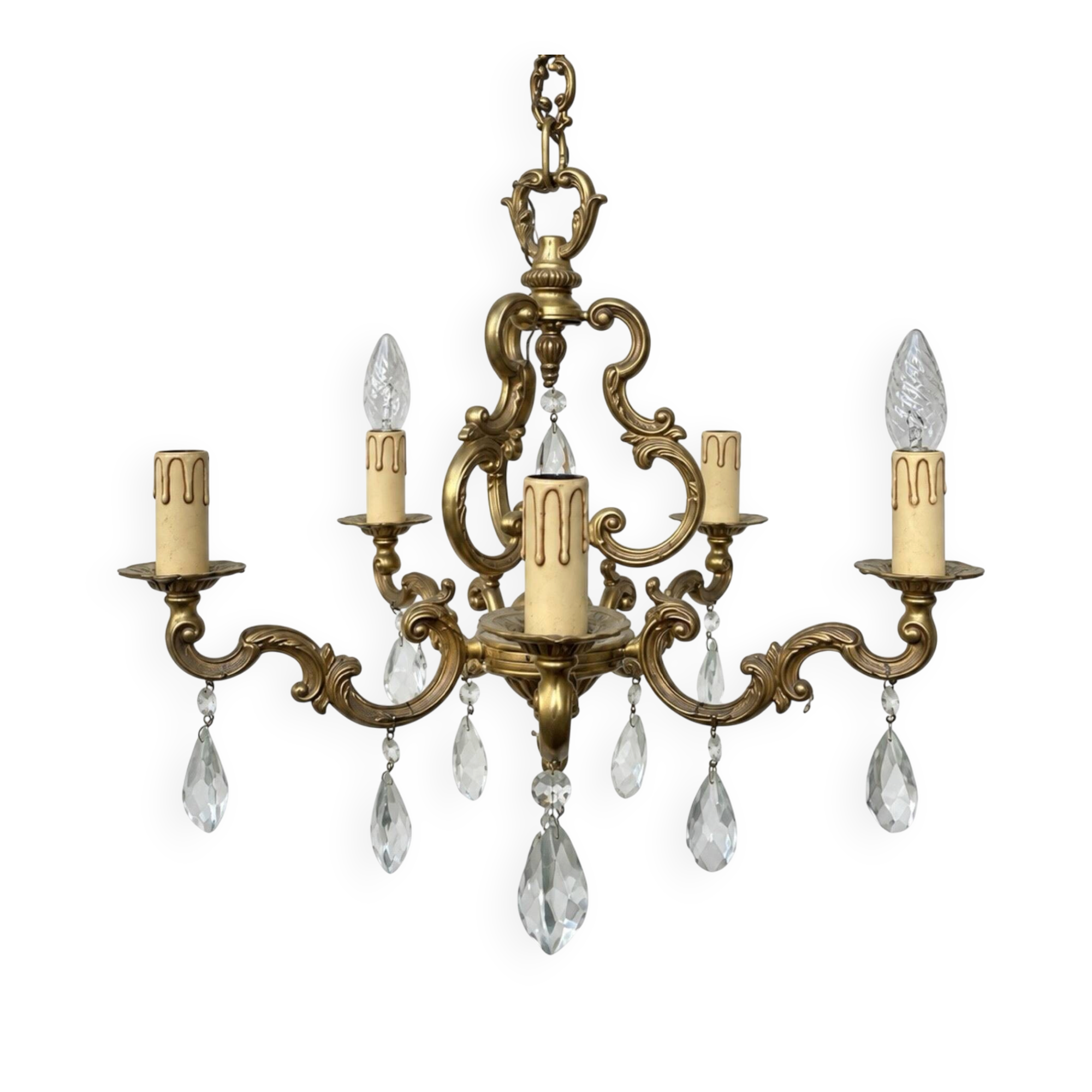 Brass chandelier with 5 branches and pendants in Louis XV style