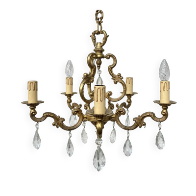 Lustre en Laiton et pampilles 5 branches style Louis XV