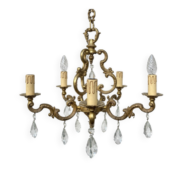 Lustre en Laiton et pampilles 5 branches style Louis XV 
