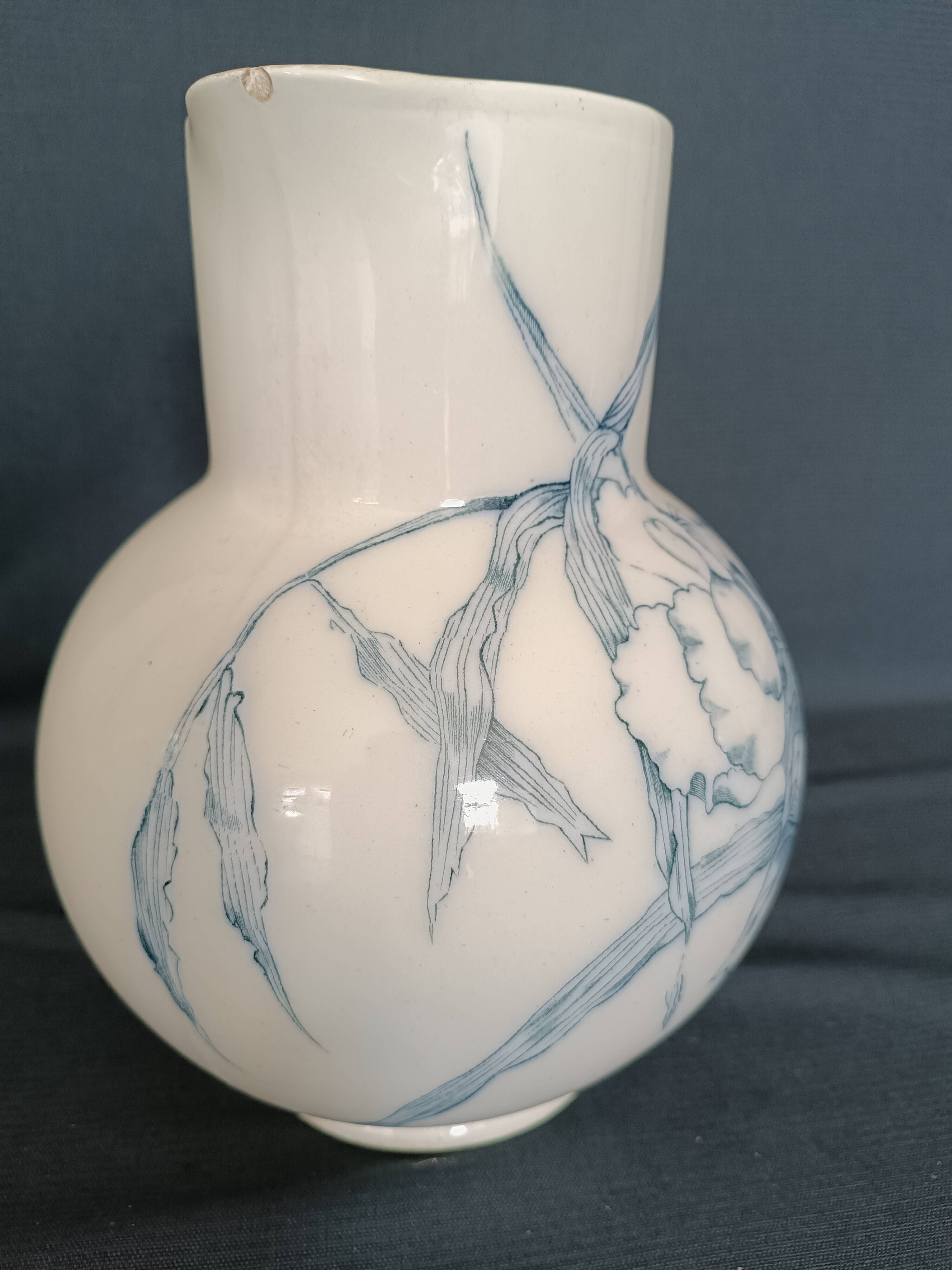 Pitcher jug vase earthenware floral decor blue early 20th century