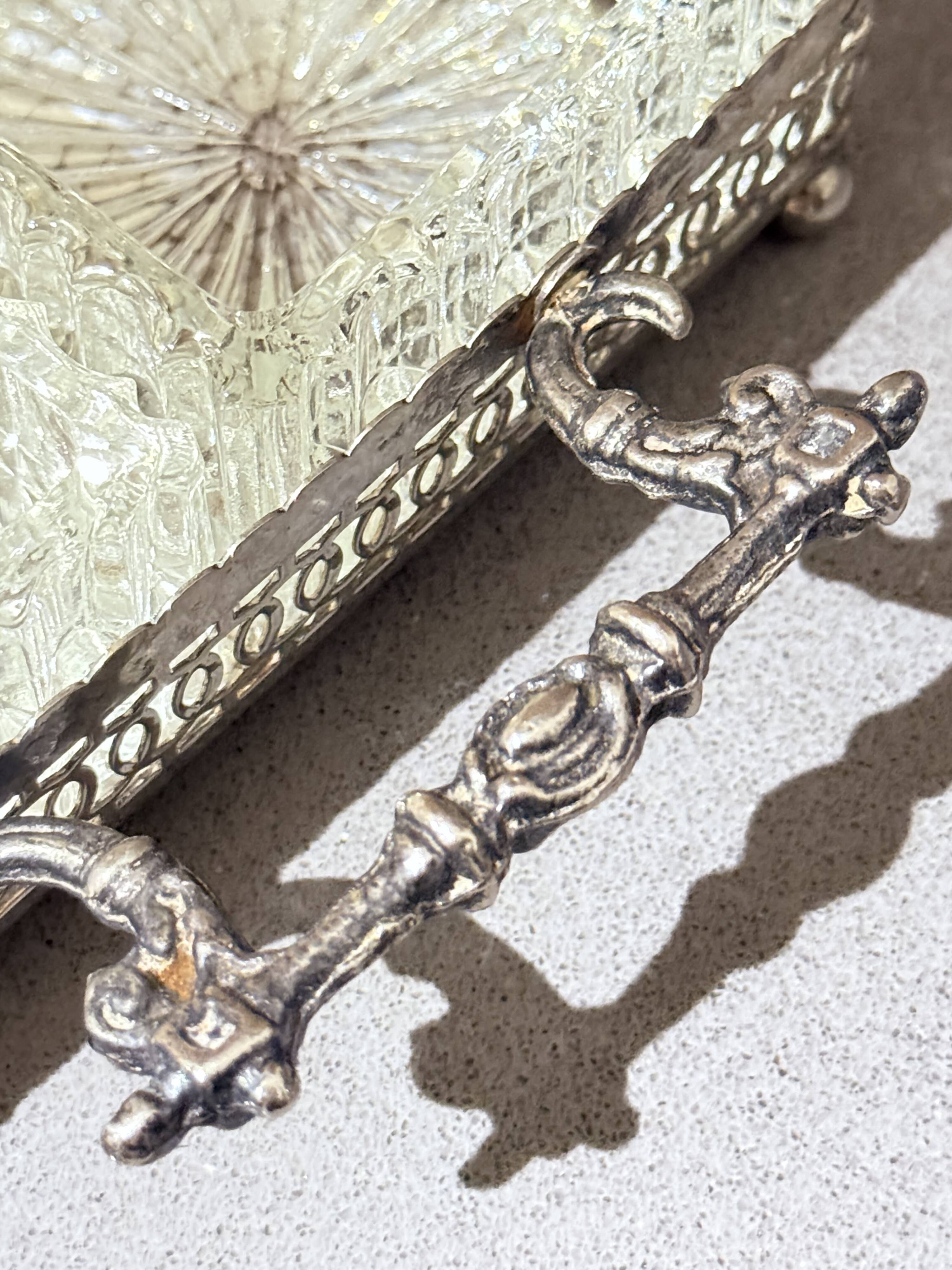 Silver-Plated Tray with Six Cut Glass Dishes, Vintage Entertaining Set