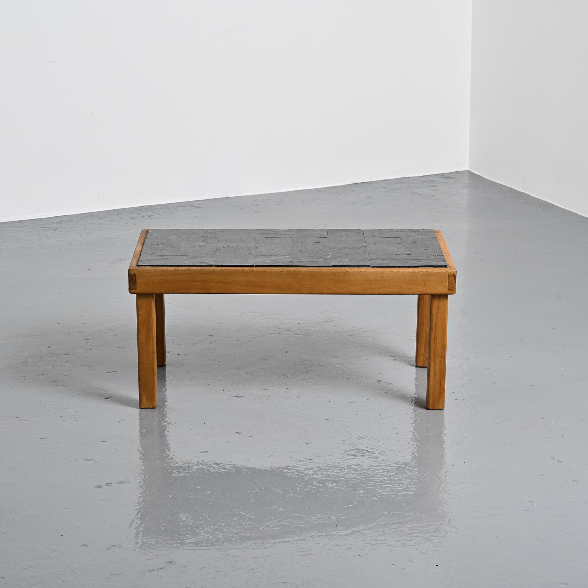 Slate and elm coffee table, Maison Regain, 1980