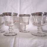 Set of 5 engraved Murano wine (or water) glasses, silver rim