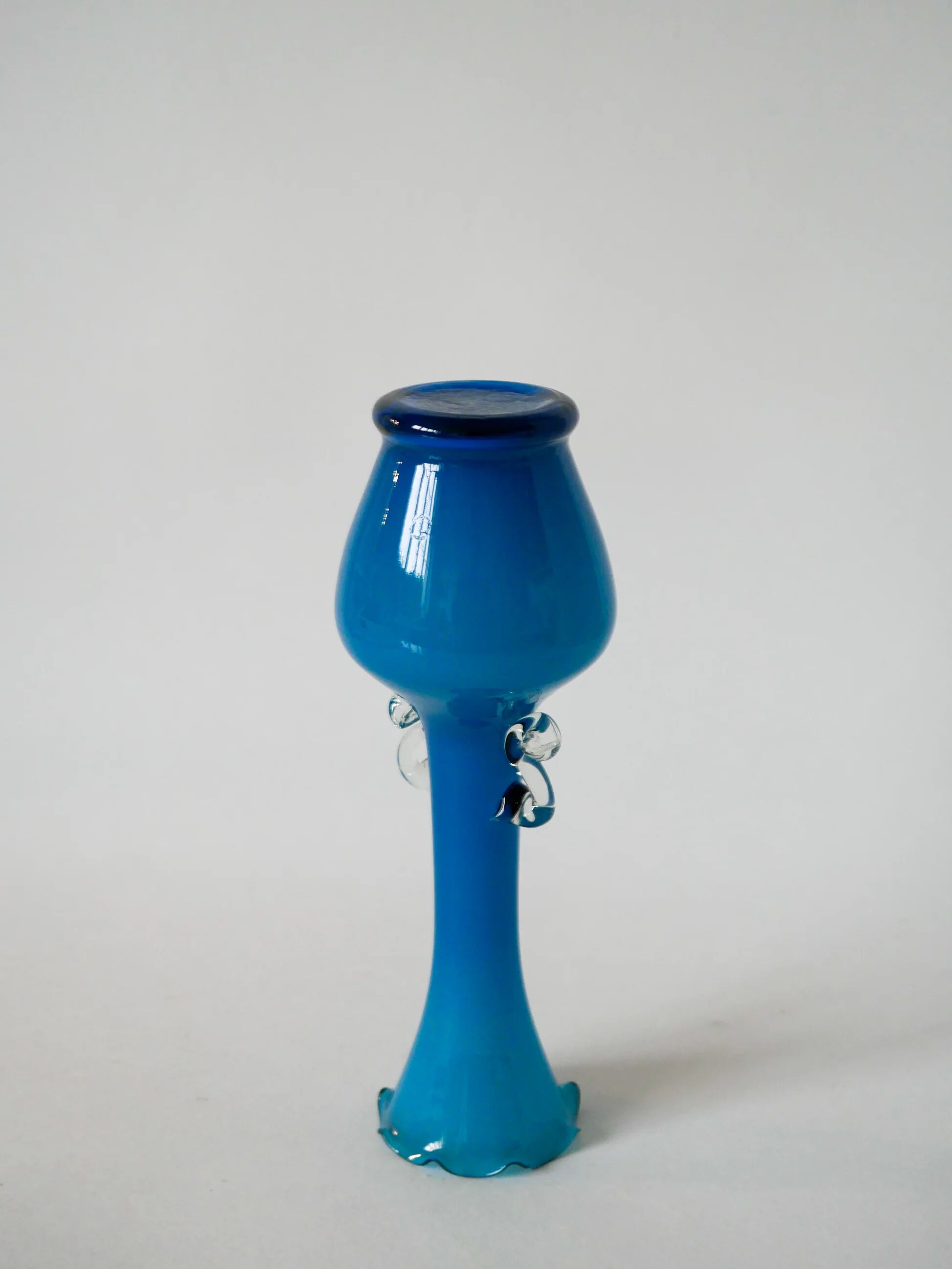 Sky blue opaline vase with scalloped edges and small handles, design from the 1960s.