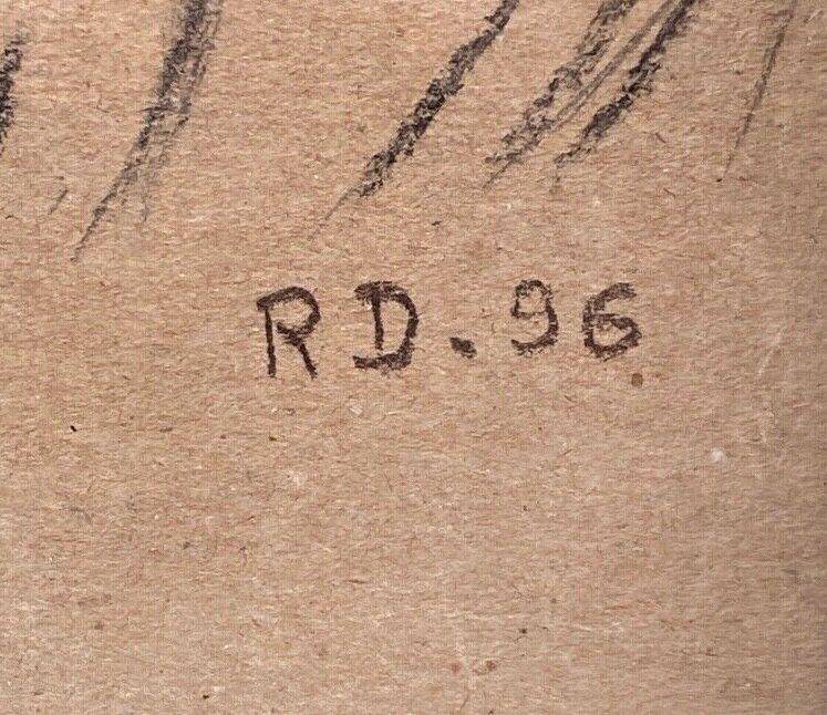 Old painting portrait of black boy in charcoal wooden frame signed RD 96