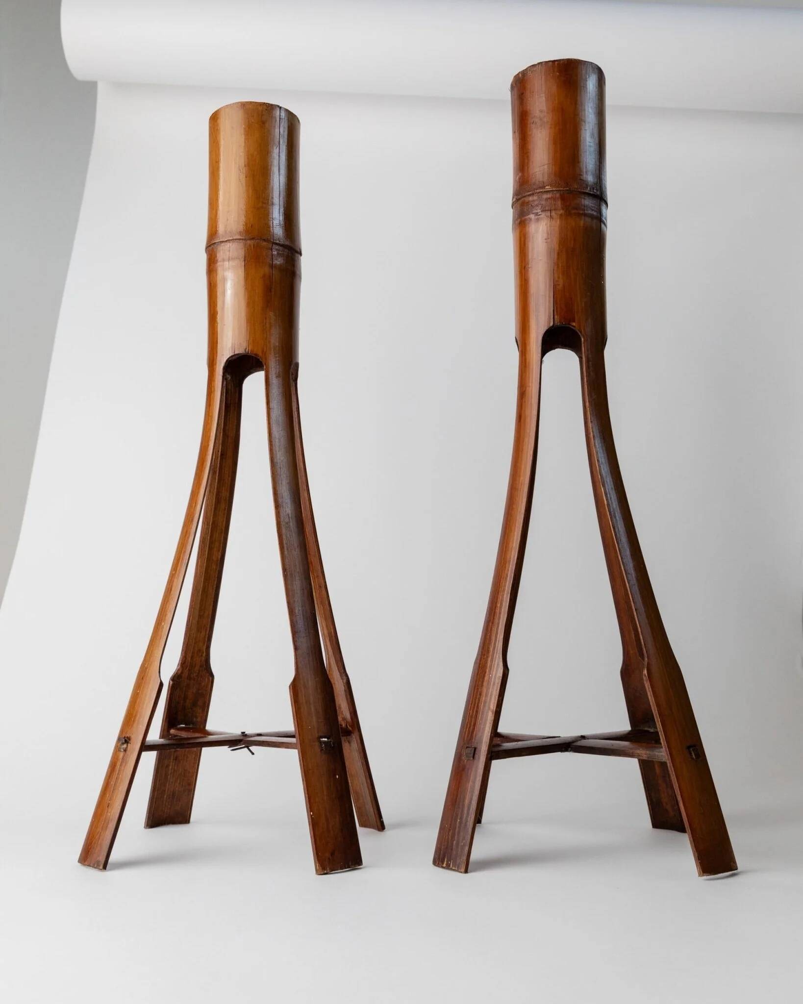 Two Vintage Beige Bamboo Candle Holders – Boho Organic Mid-Century Italian Design, 1960s