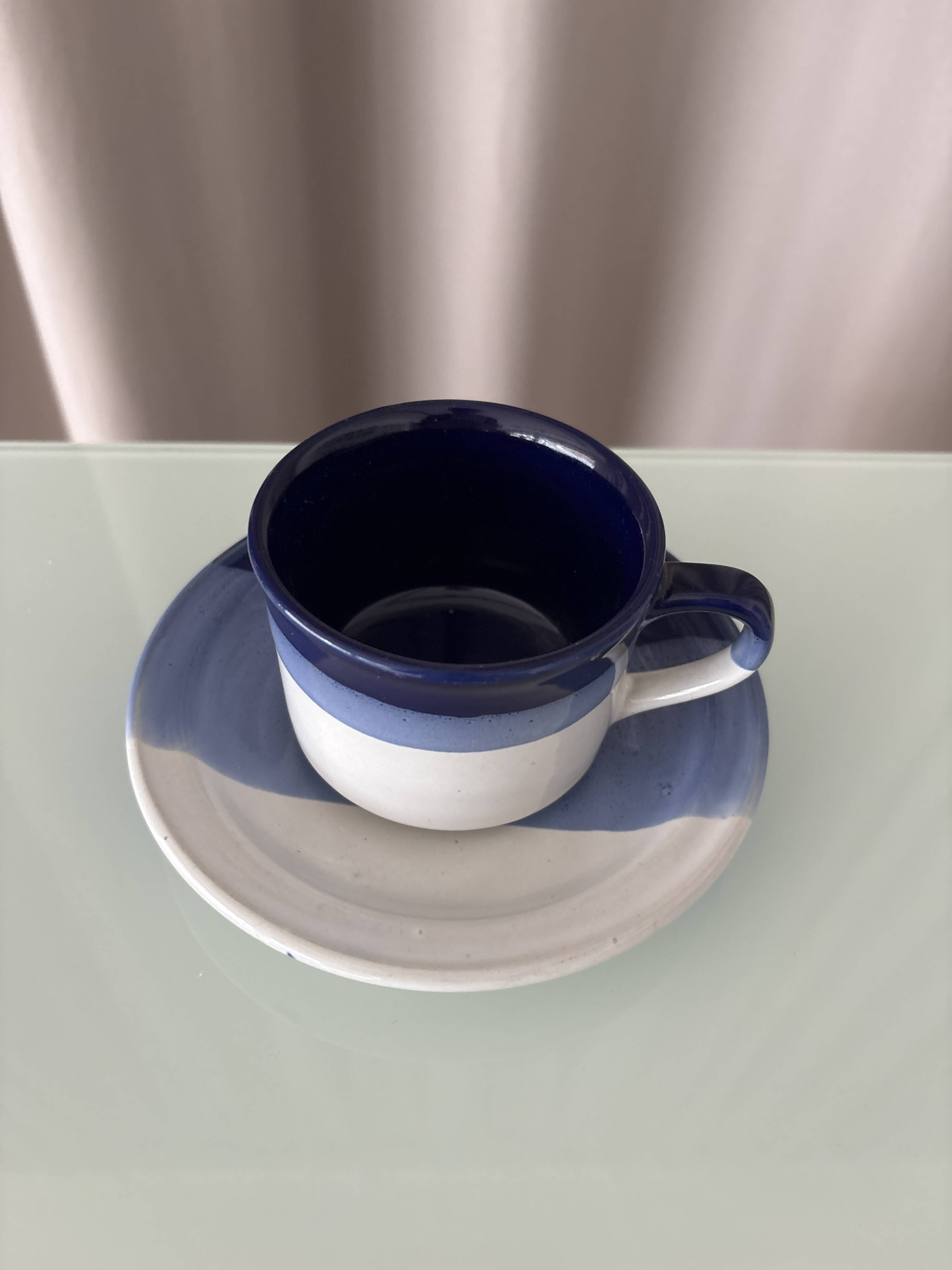 Set of 4 Vintage Studio Pottery Cups & Saucers – Hand Glazed Blue & White