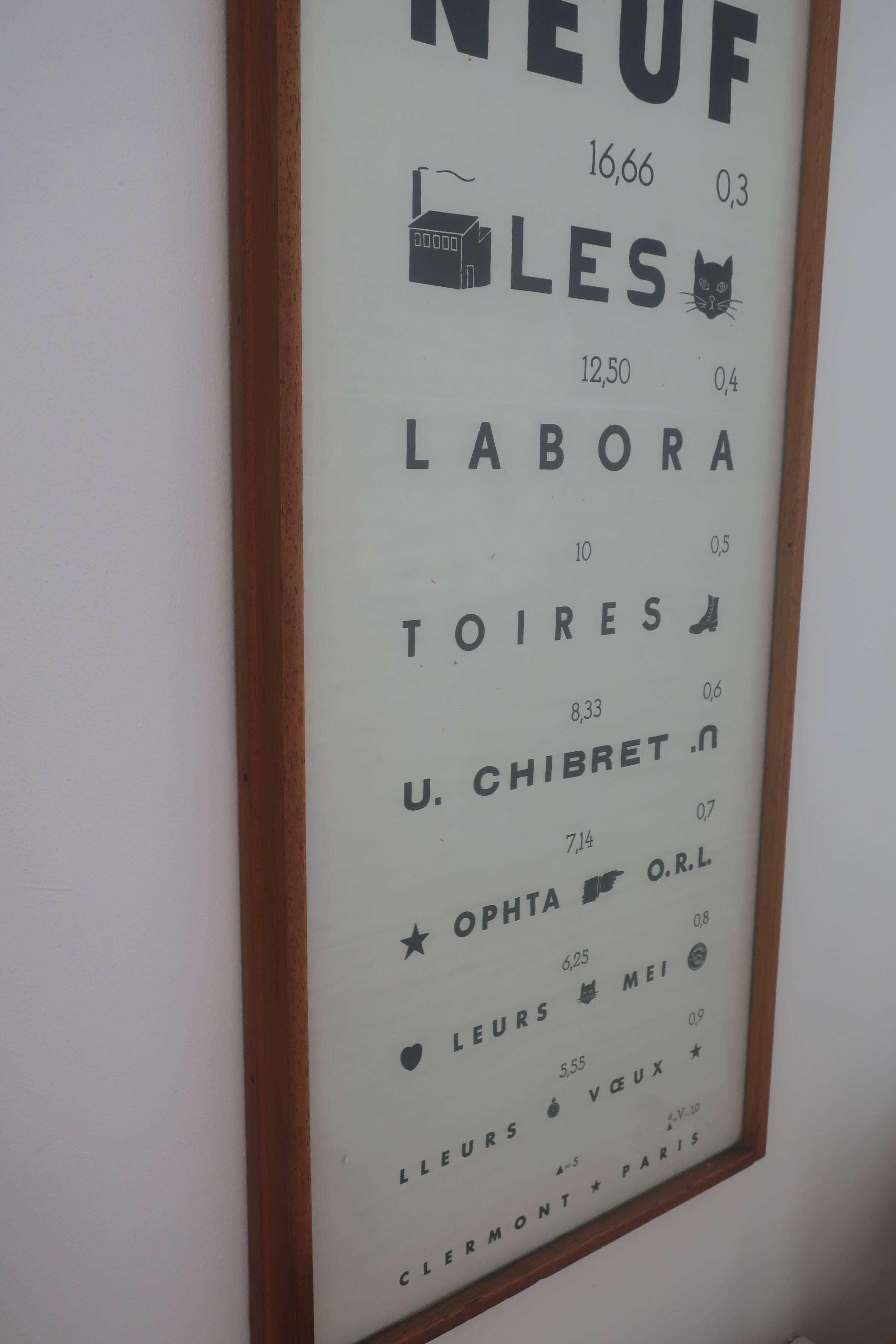 Old optical advertising poster, monoyer scale, framed