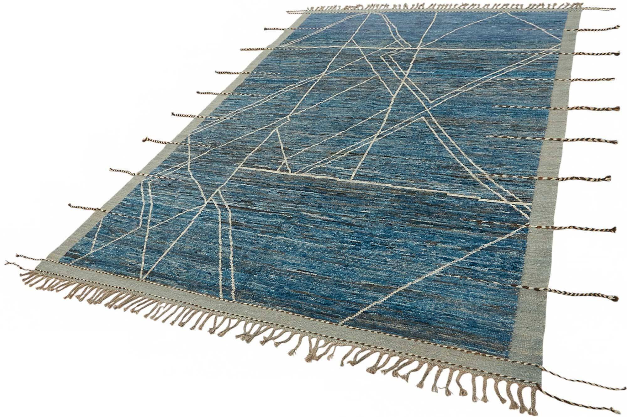 Tapis tribal tissé à la main en laine bleue unique en son genre, 201 cm x 304 cm