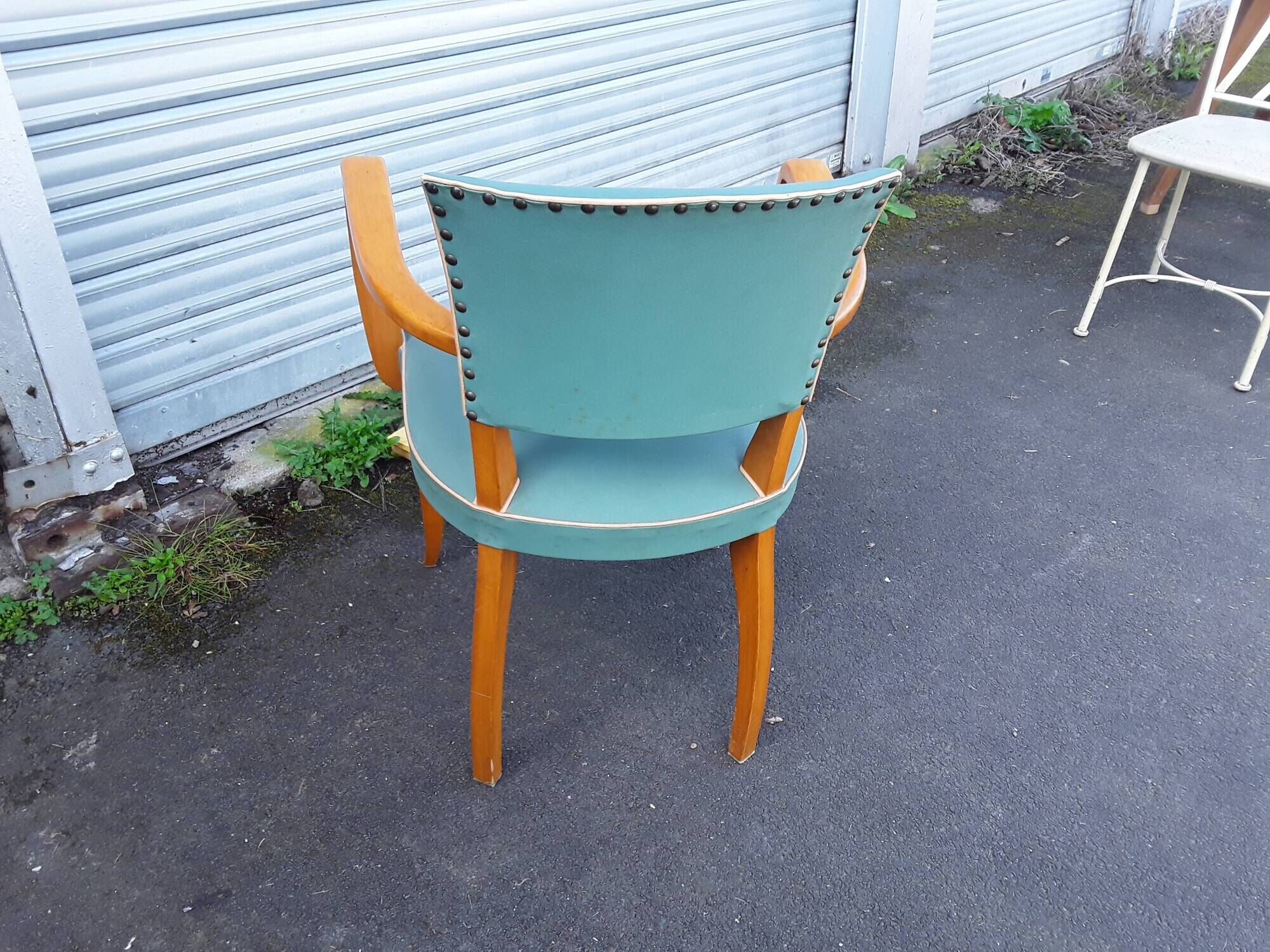 1940s bridge armchair with 3 white buttons and English green vinyl backrest