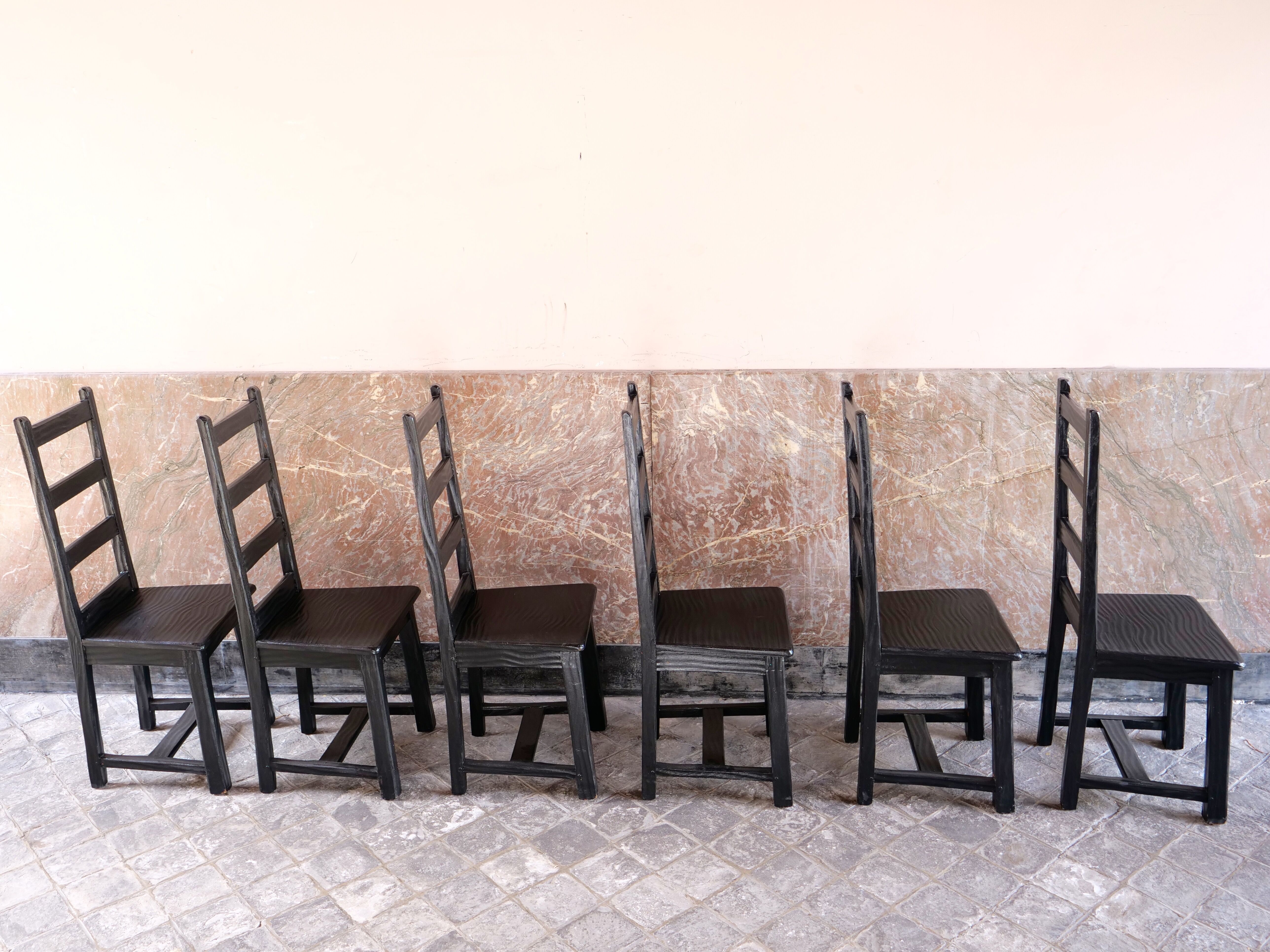 Set of 6 black brutalist chairs in solid oak