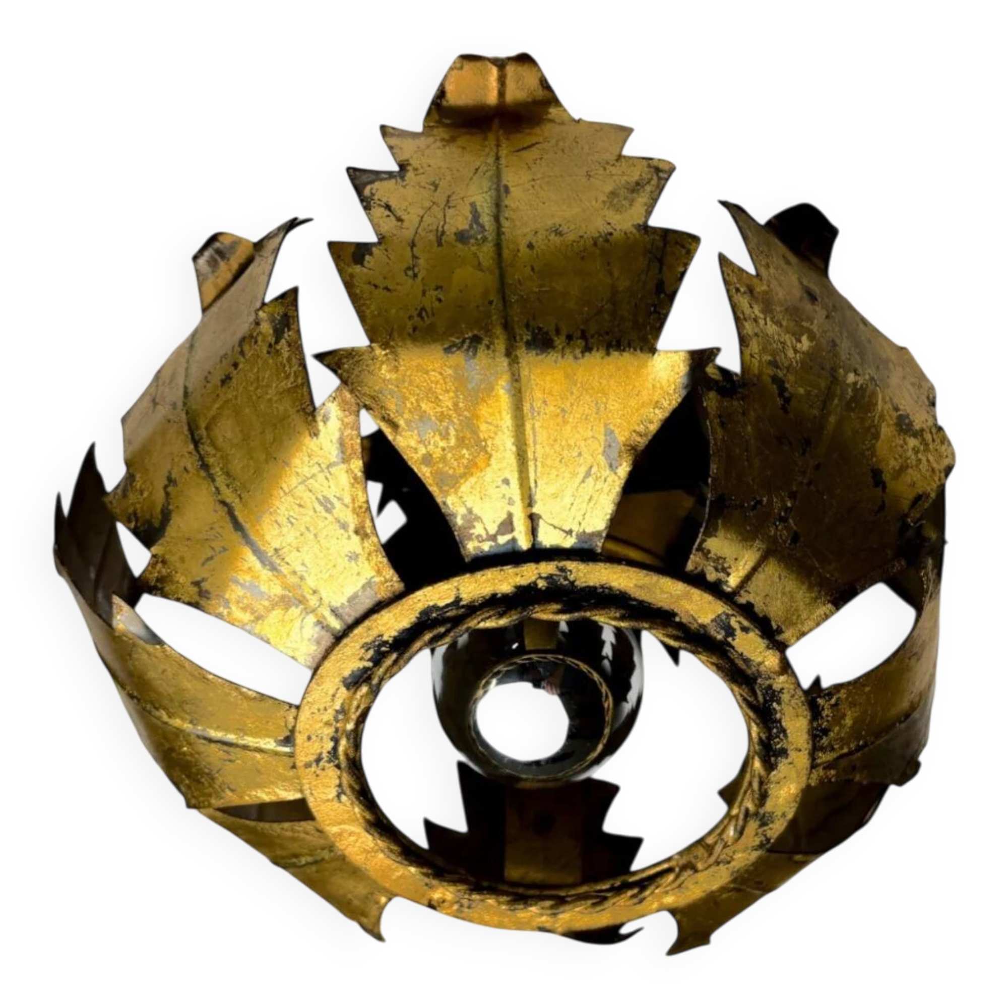 Spanish sunburst ceiling light fixture or sconce in gilt iron, 1970s