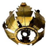 Spanish sunburst ceiling light fixture or sconce in gilt iron, 1970s