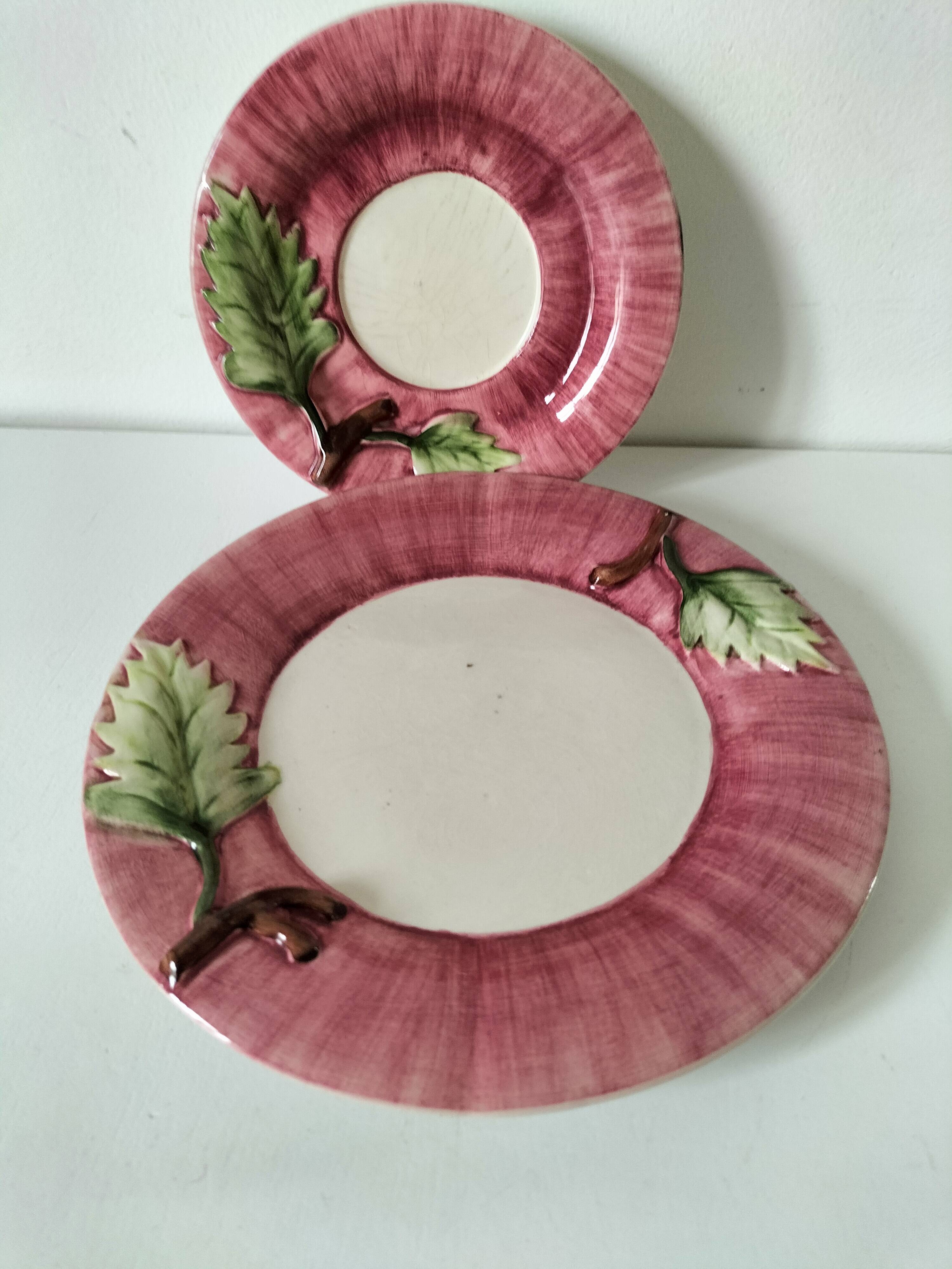 Two vintage leaf barbotine plates