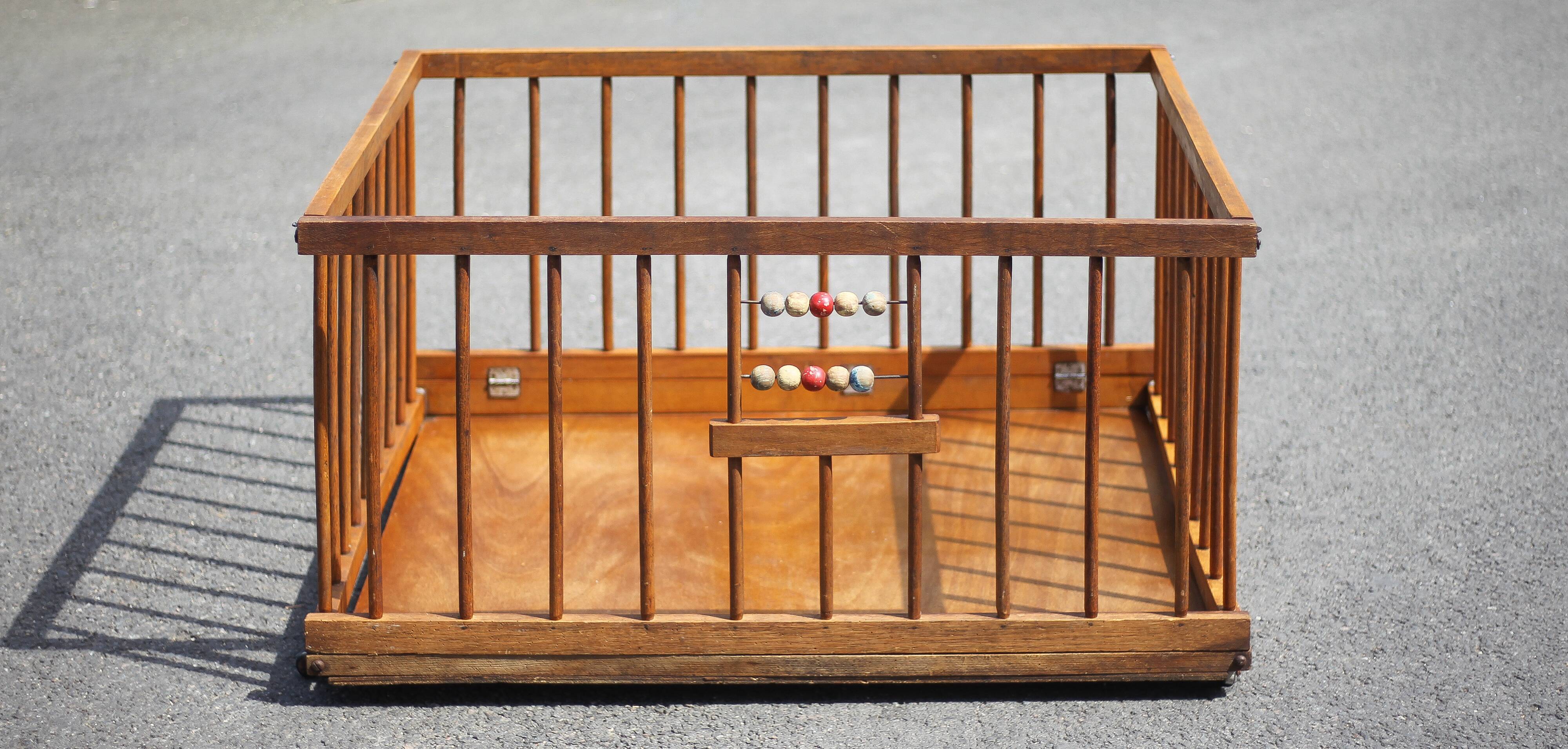 Folding wooden baby park on wheels, vintage park