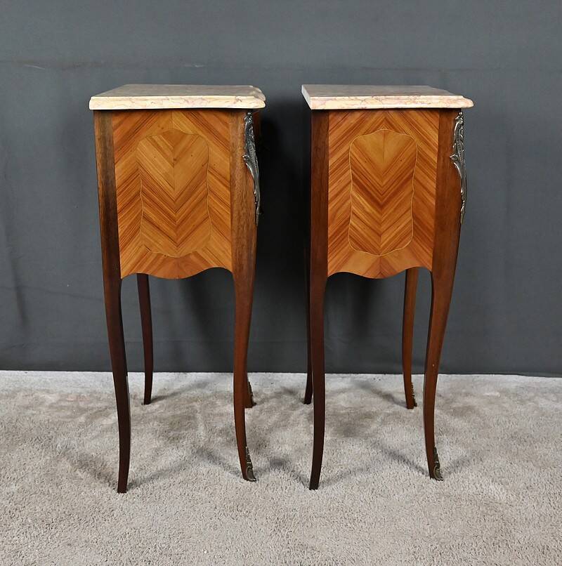 Pair of bedside tables in rosewood marquetry, Louis XV style – 2nd half of the 20th century