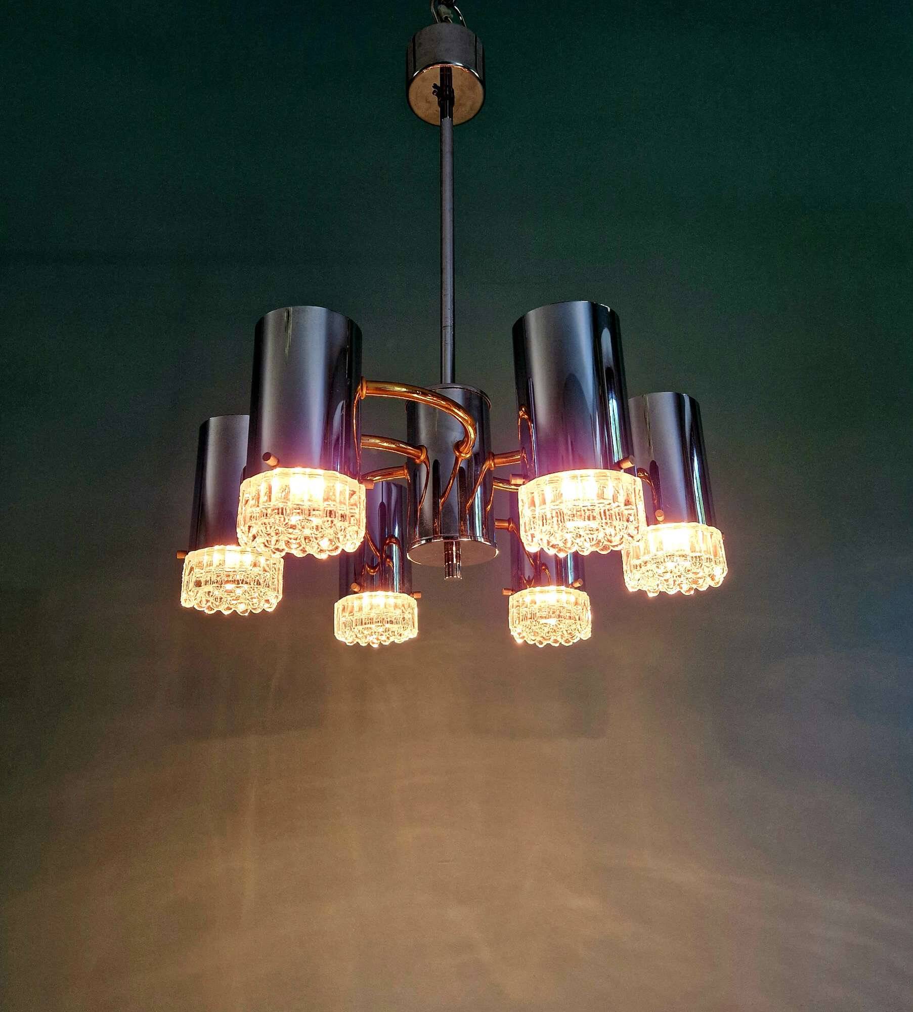 Space Age chandelier in chrome metal and brass, 1970s