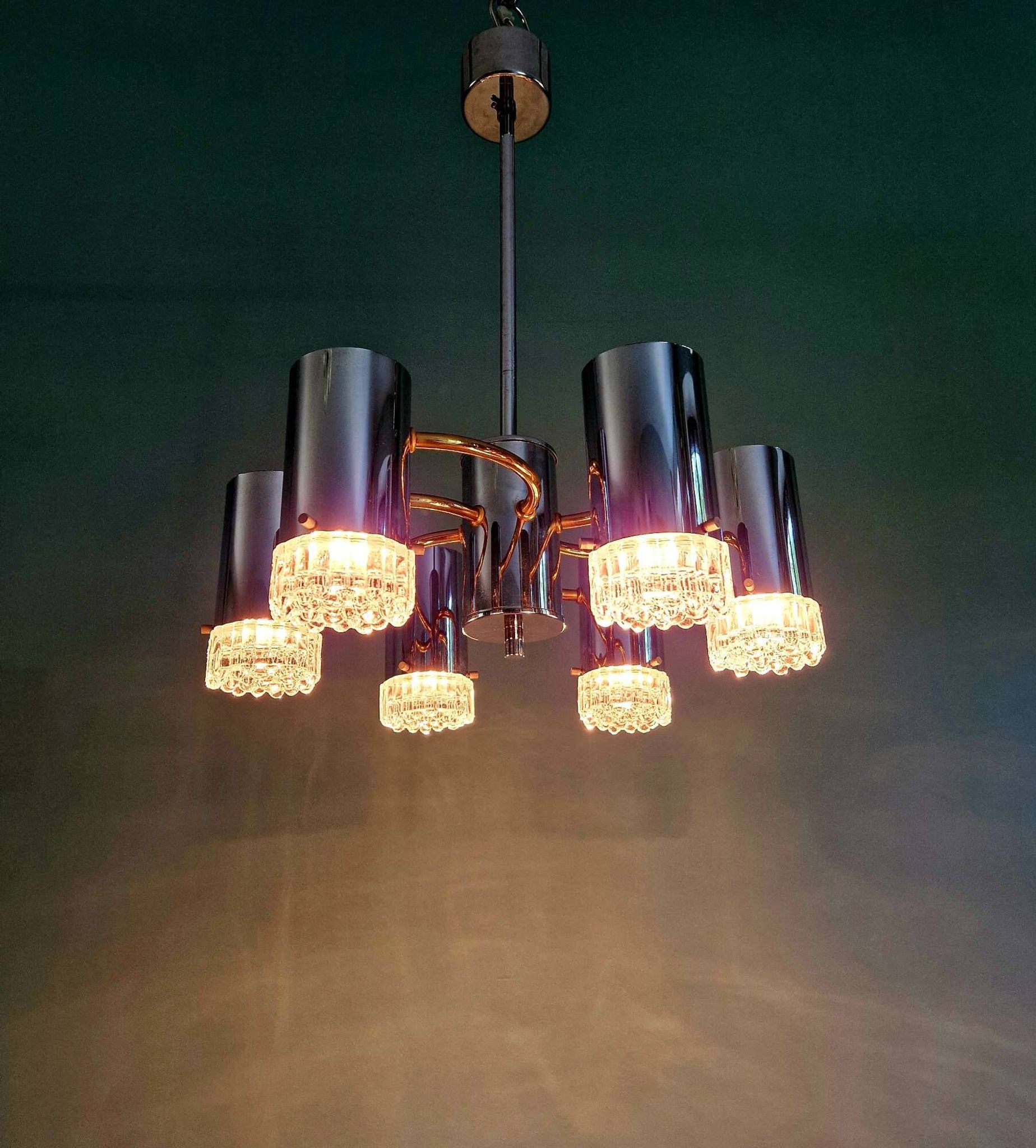Space Age chandelier in chrome metal and brass, 1970s