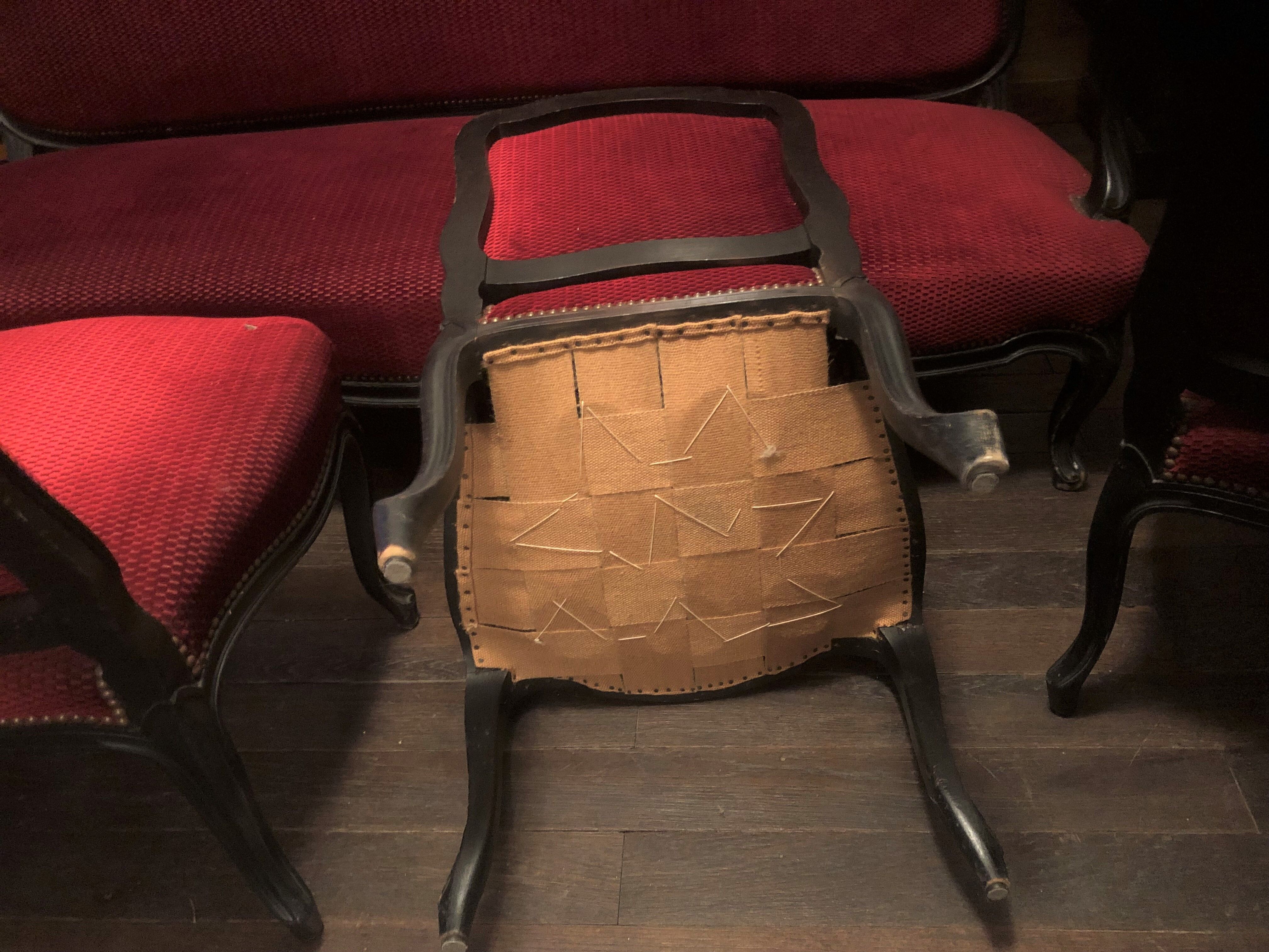 Living room NAPOLEON 3 sofa 3 places + 4 chairs PERFECT STATE blackened wood Red fabric