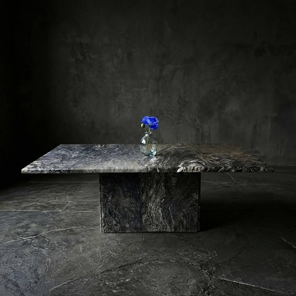 Sculptural coffee table in black and grey marble, postmodern design, years.