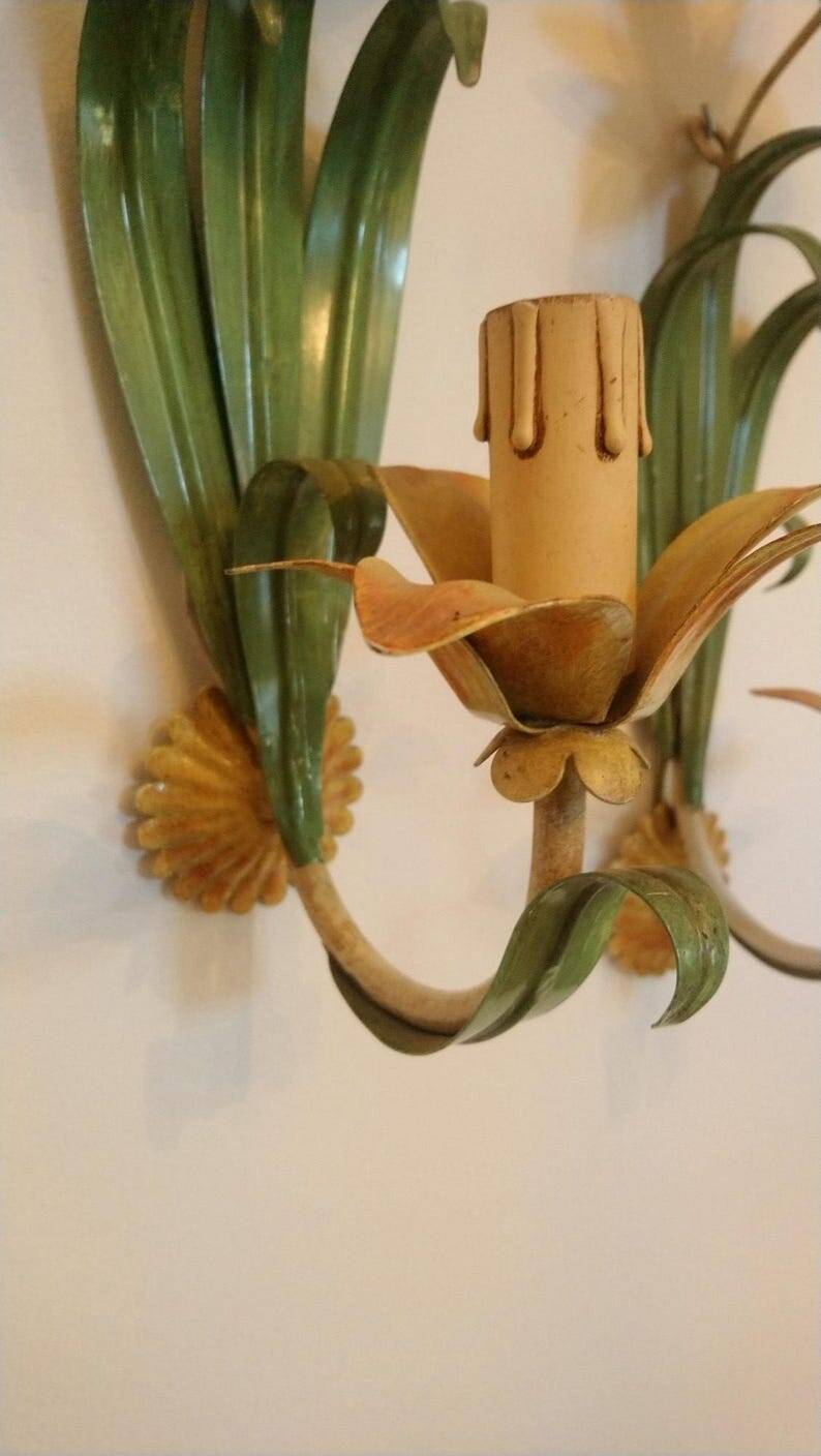 Floral single-arm wall lights, wall sconces, toleware, French vintage enamel.