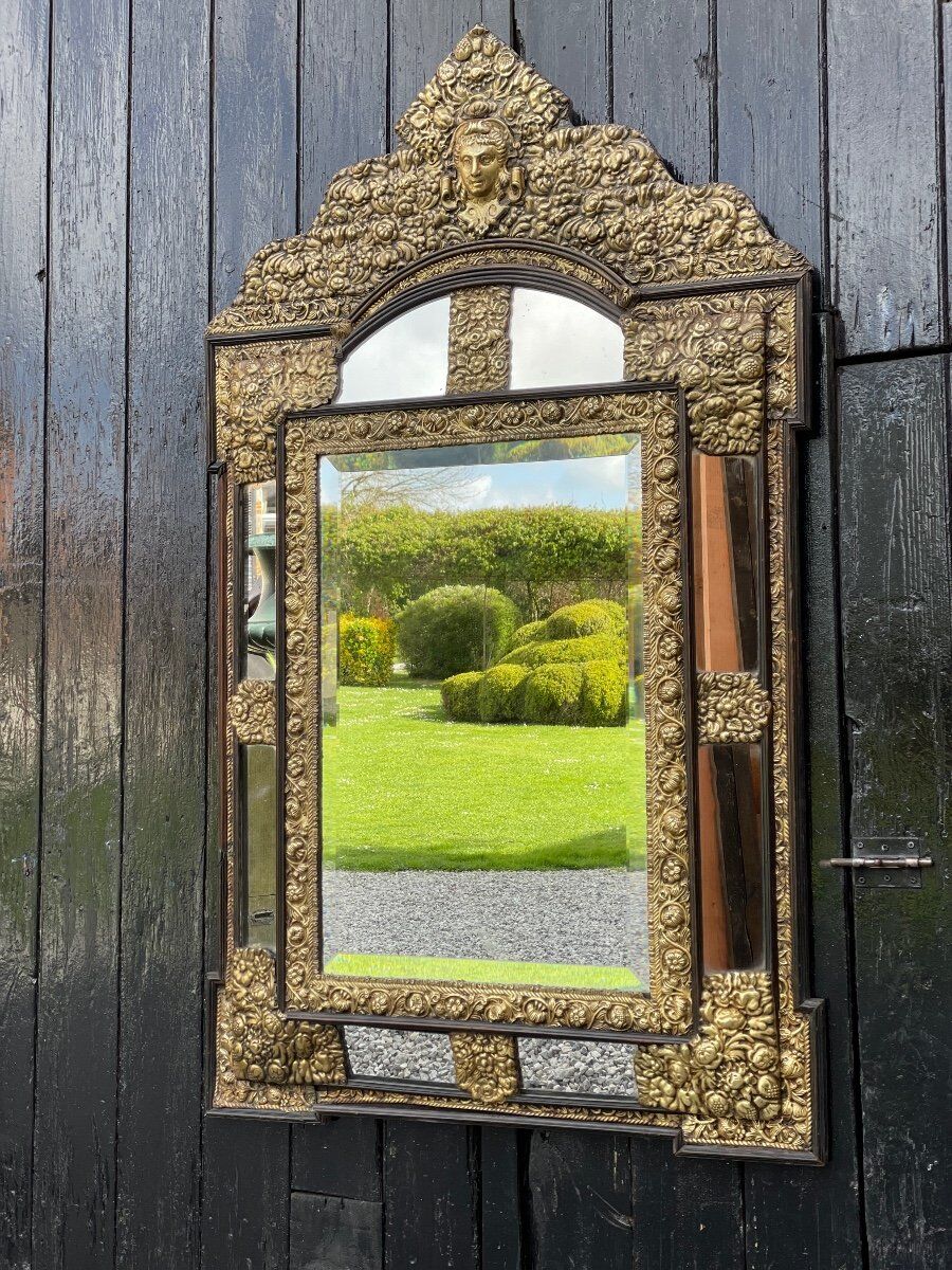 Brass and blackened wood mirror in Louis XVI style circa 1880.