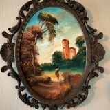 Small frame in gilded metal and painting on wood