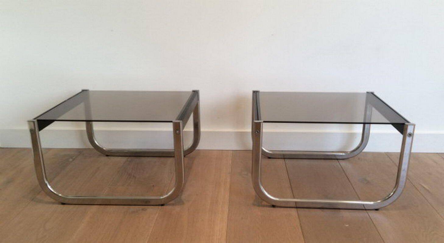 Pair of side tables in chrome, blackened wood and glass