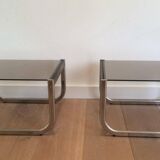 Pair of side tables in chrome, blackened wood and glass