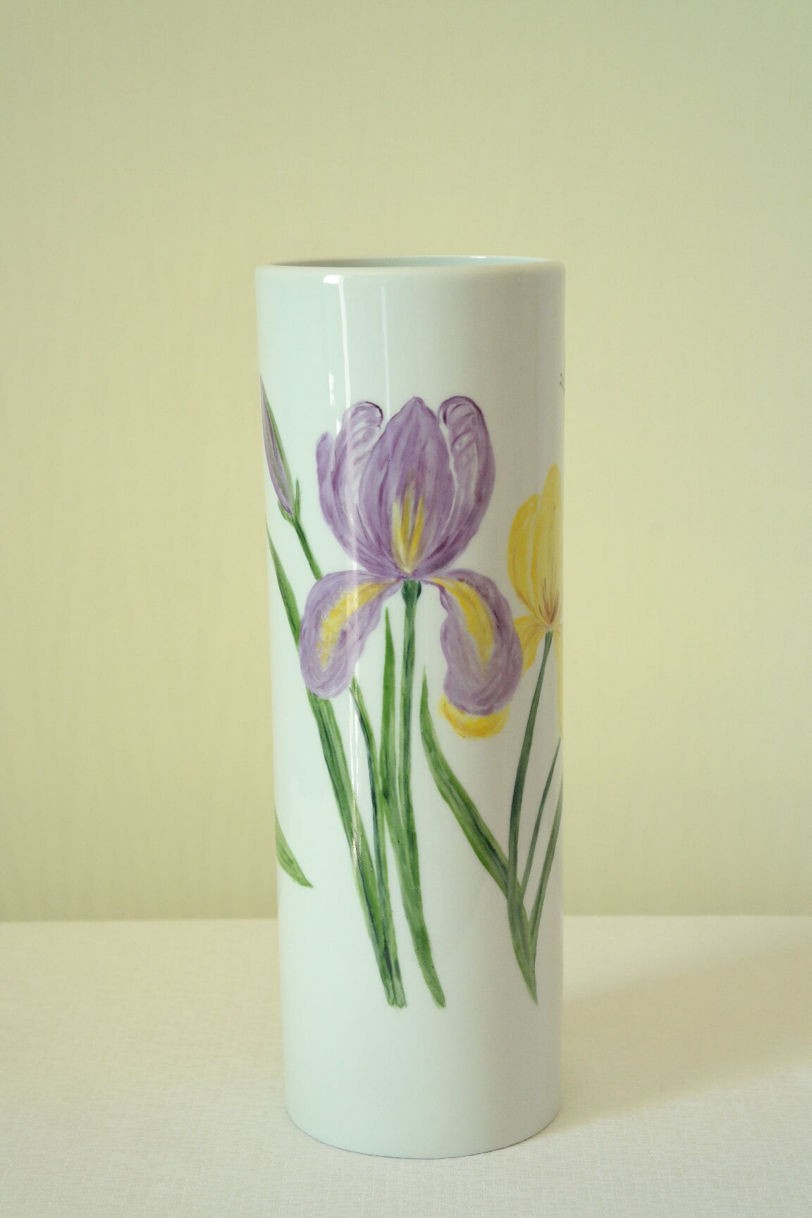 Tubular vase Limoges porcelain bucolic decoration hand painted signed
