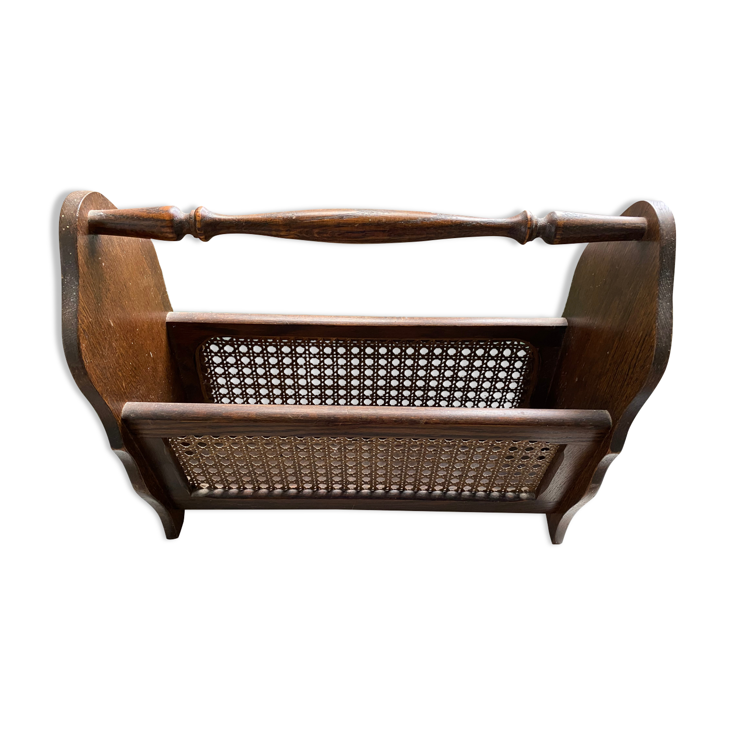 Wooden and cane newspaper rack