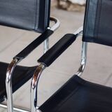 Cantilever armchair in chromed metal and black leather, 1970