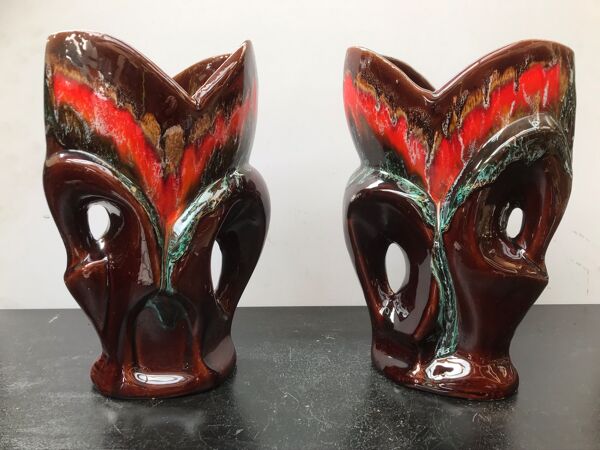 Paire de vase ancien Vallauris céramique multicolore + 2 anses vintage