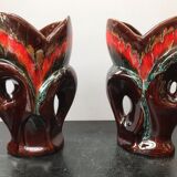 Pair of old Vallauris multi-colored ceramic vase + 2 vintage handles