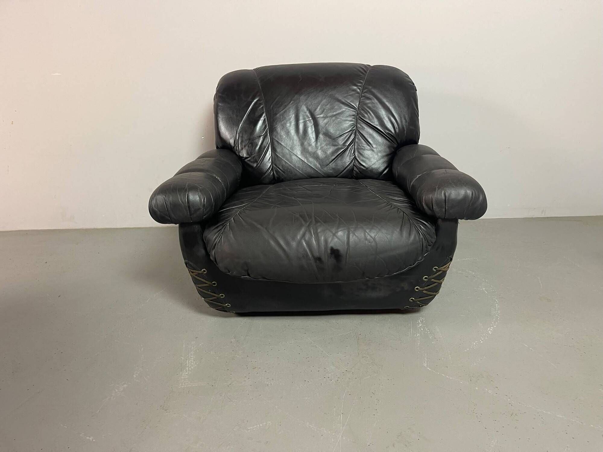 Large Set of Italian Space Age Black Leather Lounge Chairs with Brass