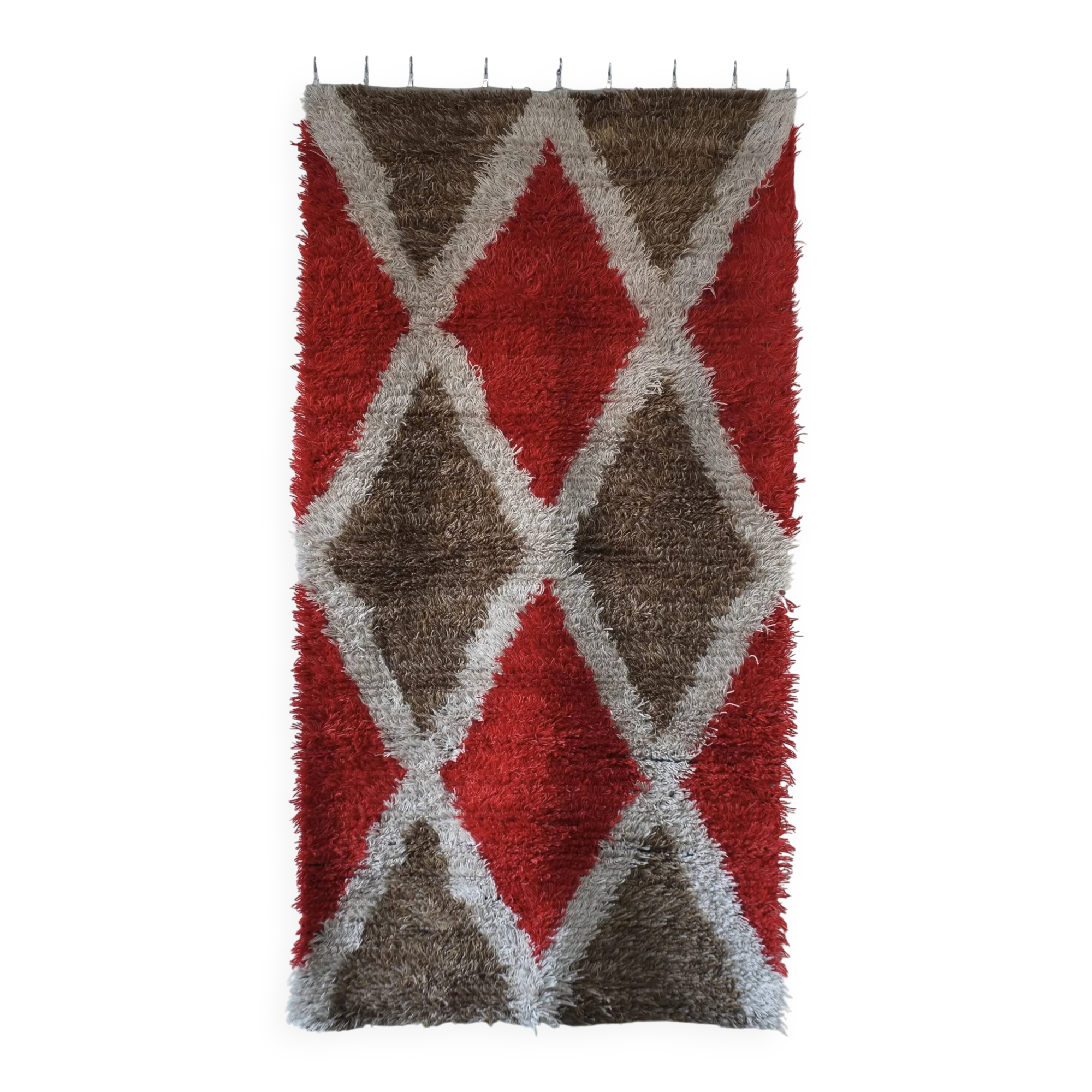 Tapis scandinave à losanges rouges (Rya) | Suède | Années 1960