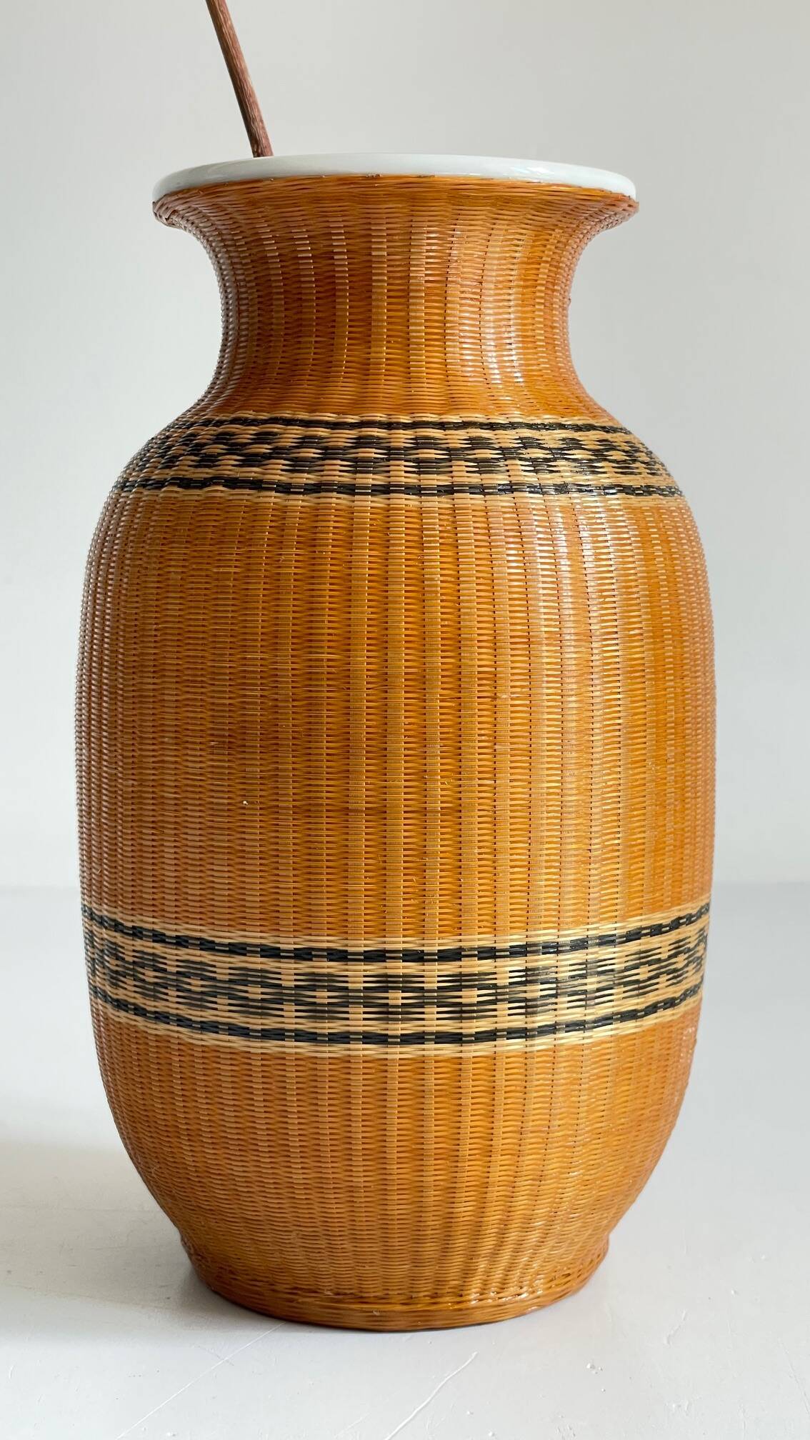 VINTAGE Woven Bamboo and Fine Porcelain VASE