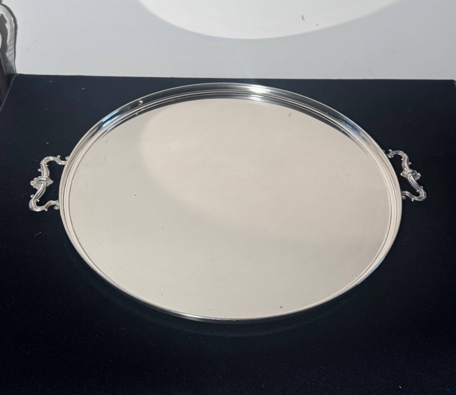 Large silver tray with rocaille handles – mid-20th century